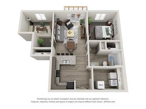 Floor plan for 1 bed, 1 bath, 829 sqft